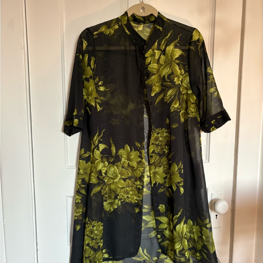 Floral Sheer Black and Green Long Shirt